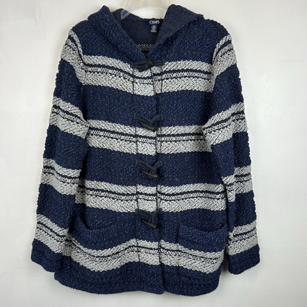 Chaps Sweater Womans L Toggle Cardigan Hood Jacket Blue Stripe Southwestern Boho